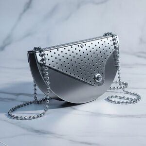 RARE WENDY STEVENS Vintage Signed Metal Half Moon Clutch Perforated Stainless